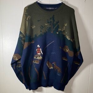 Men's Crewneck Sweater with Fishermen & dog Scene Embroidered wool blend size XL